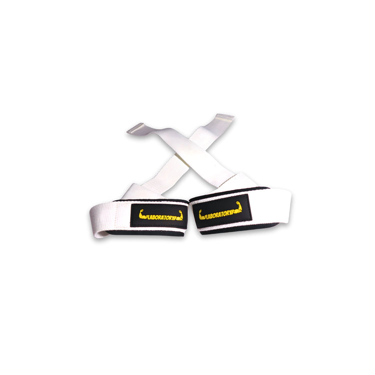 White Lifting straps with black logos on a white background