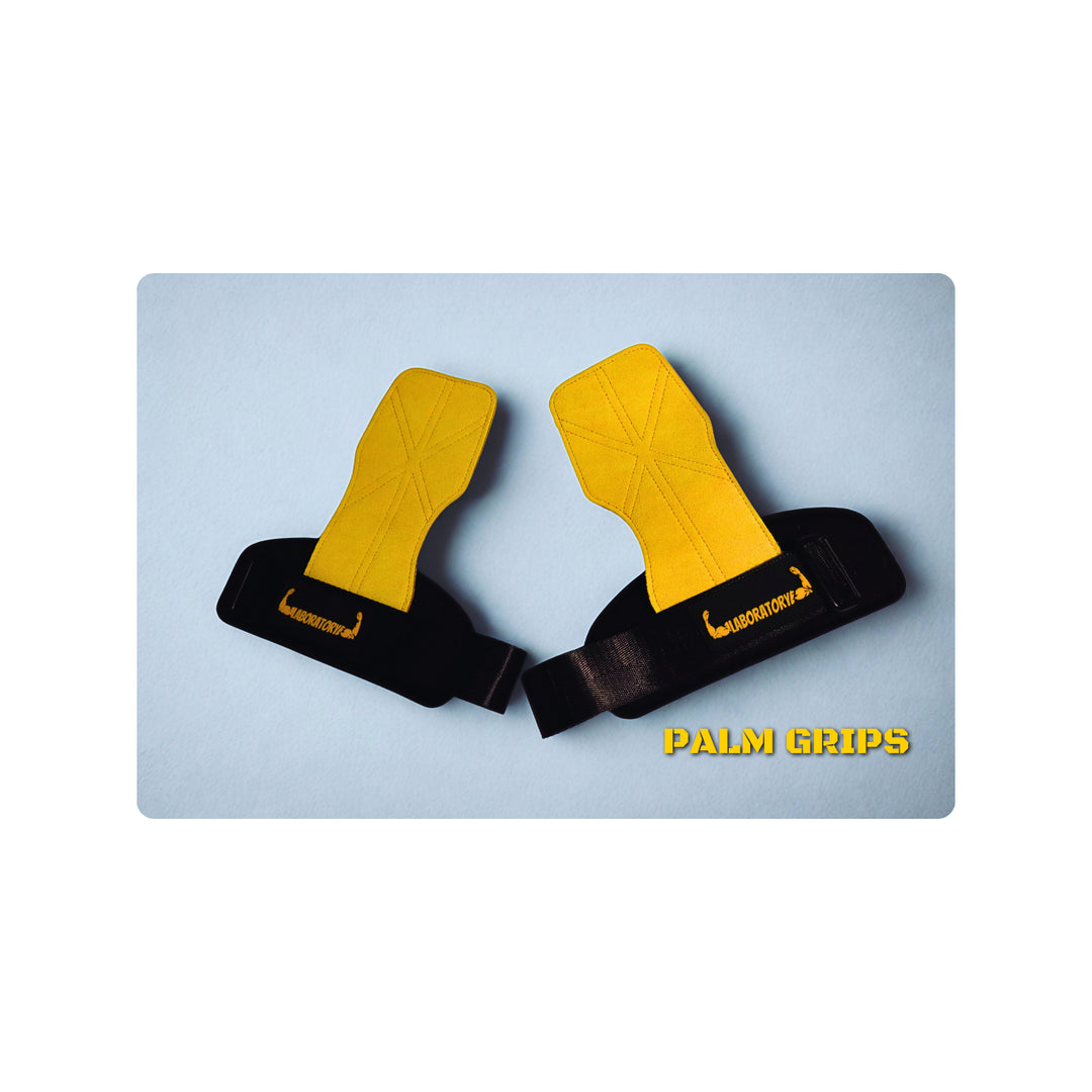 LABORATORY Yellow and black palm grips on a light blue background with 'Palm Grips' branding.