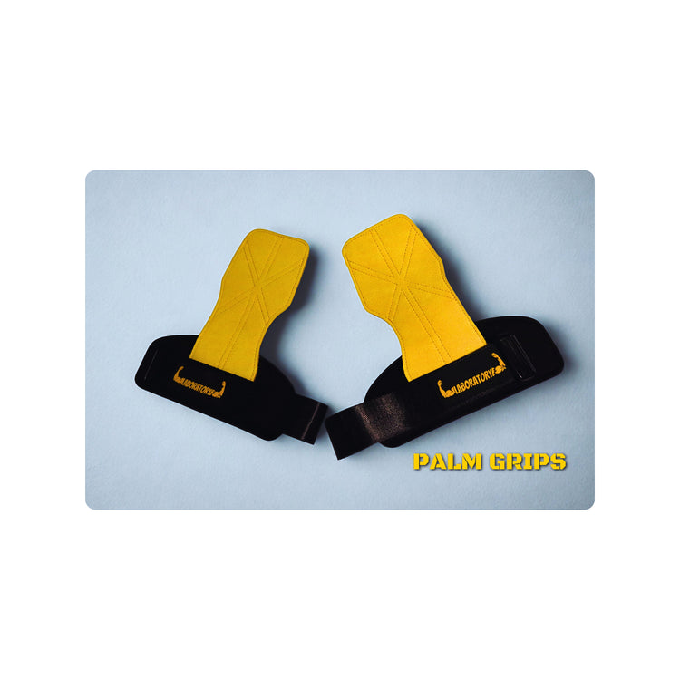 LABORATORY Yellow and black palm grips on a light blue background with 'Palm Grips' branding.