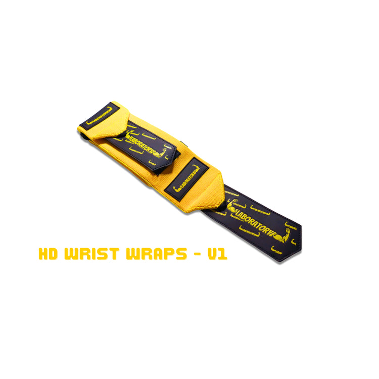 Yellow and black wrist wrap with 'Vibr8tor' branding on a white background