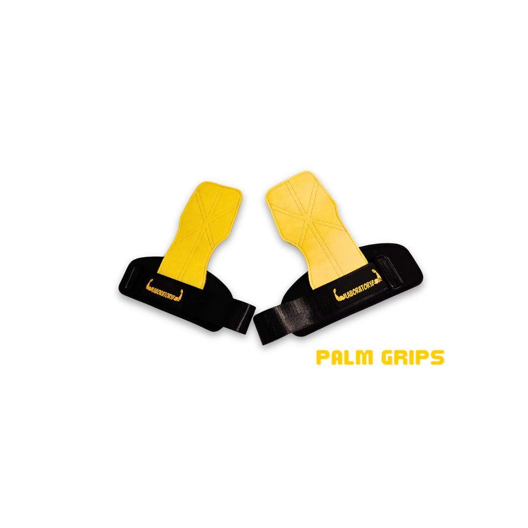 Yellow and black palm grips on a white background with 'Palm Grips' text.