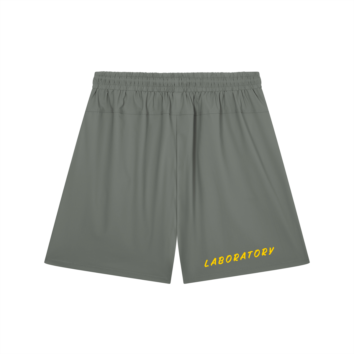 A pair of gray athletic shorts with an elastic waistband and yellow 'LABORATORY' text printed on the lower left leg, shown against a plain white background.