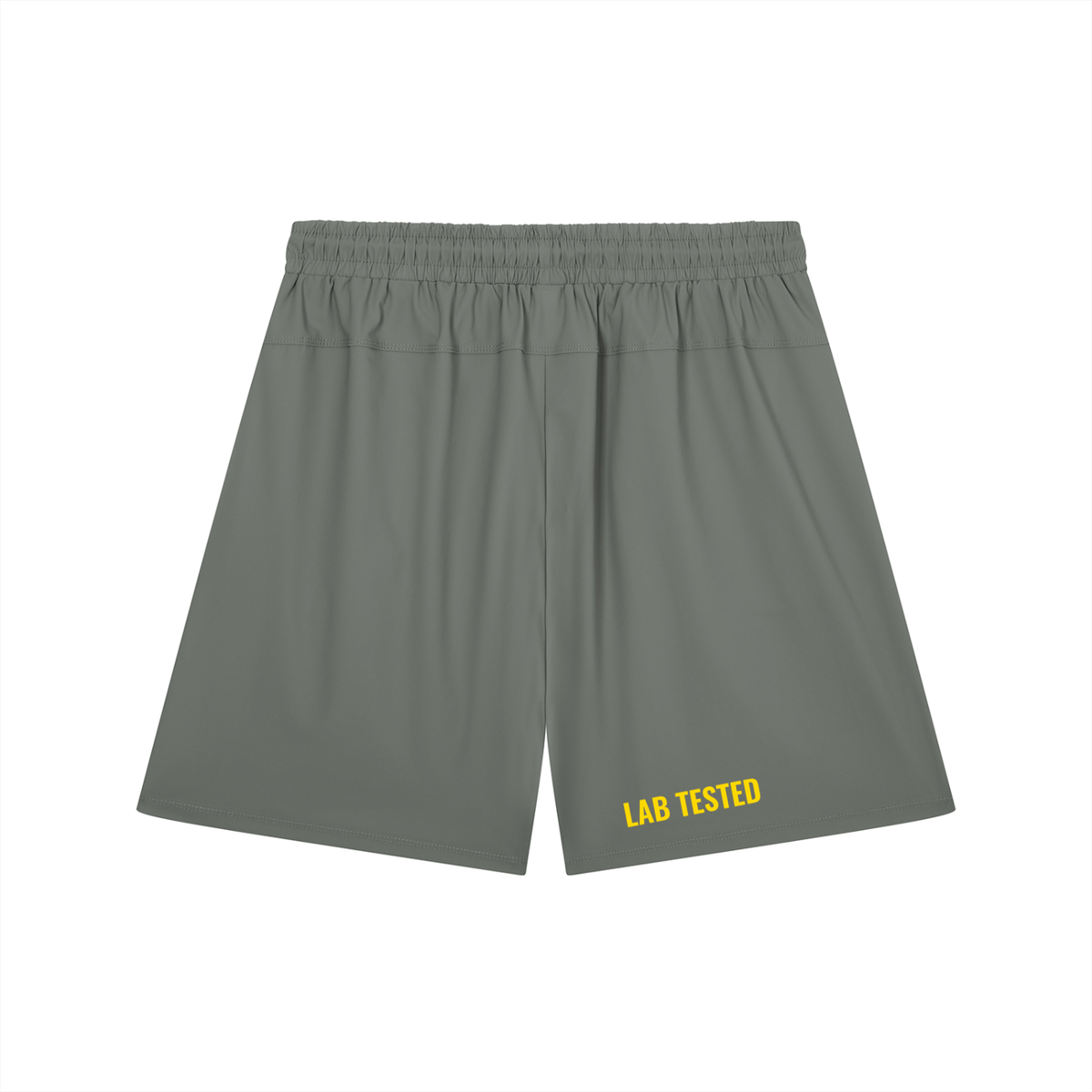 Gray athletic shorts with an elastic waistband and yellow 'LAB TESTED' text printed on the lower left leg, shown against a plain white background.