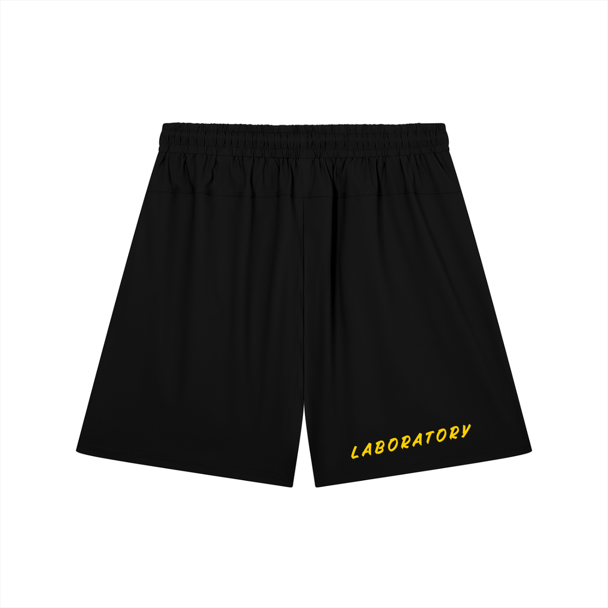 Black athletic shorts with an elastic waistband and yellow 'LABORATORY' text printed on the lower left leg, shown against a plain white background.