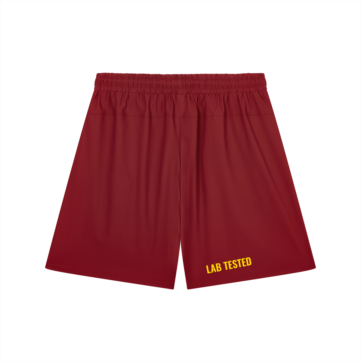 Red athletic shorts with an elastic waistband and yellow 'LAB TESTED' text printed on the lower left leg, shown against a plain white background.