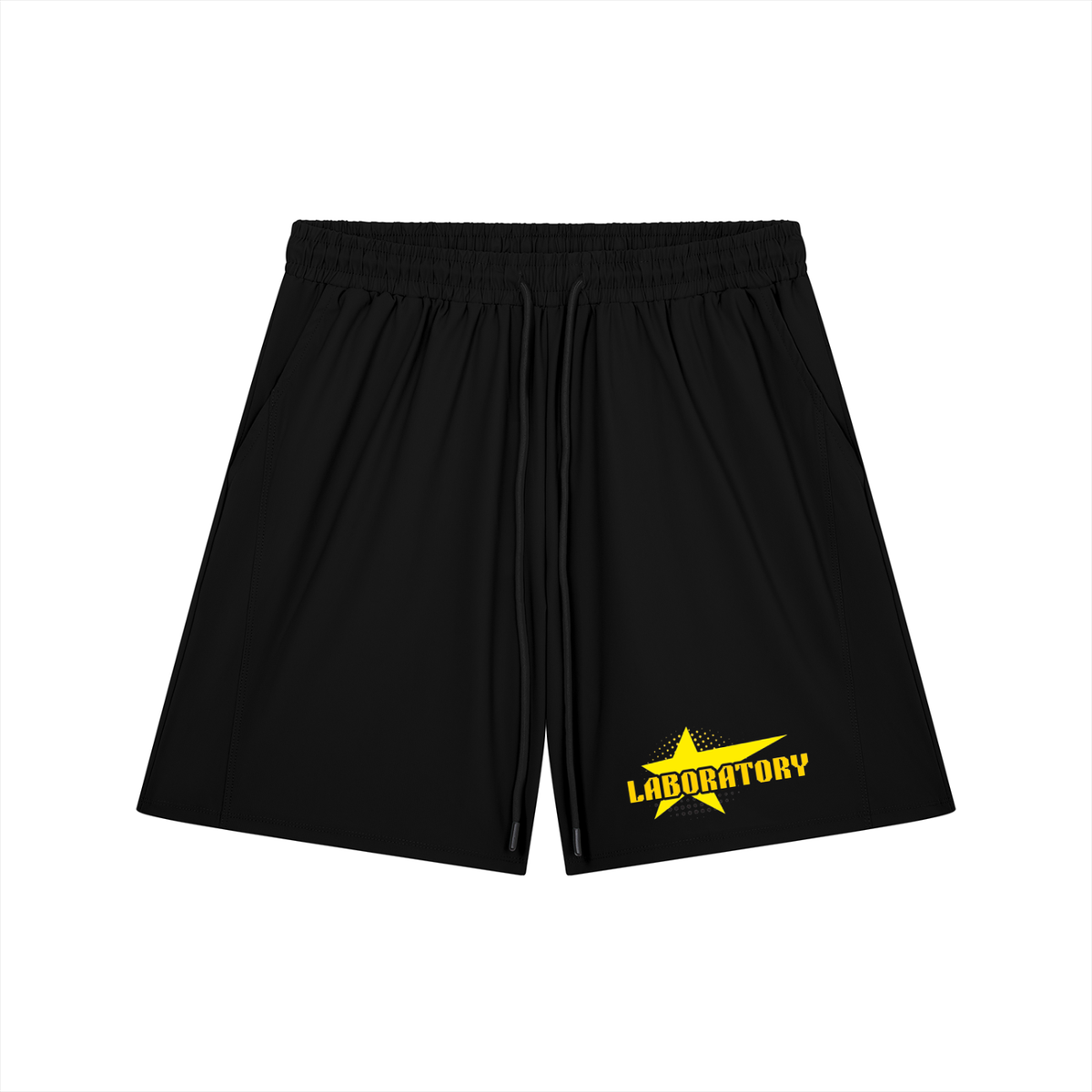 Black athletic shorts with a yellow star logo and the word 'LABORATORY' printed on the lower left leg, shown against a plain white background.