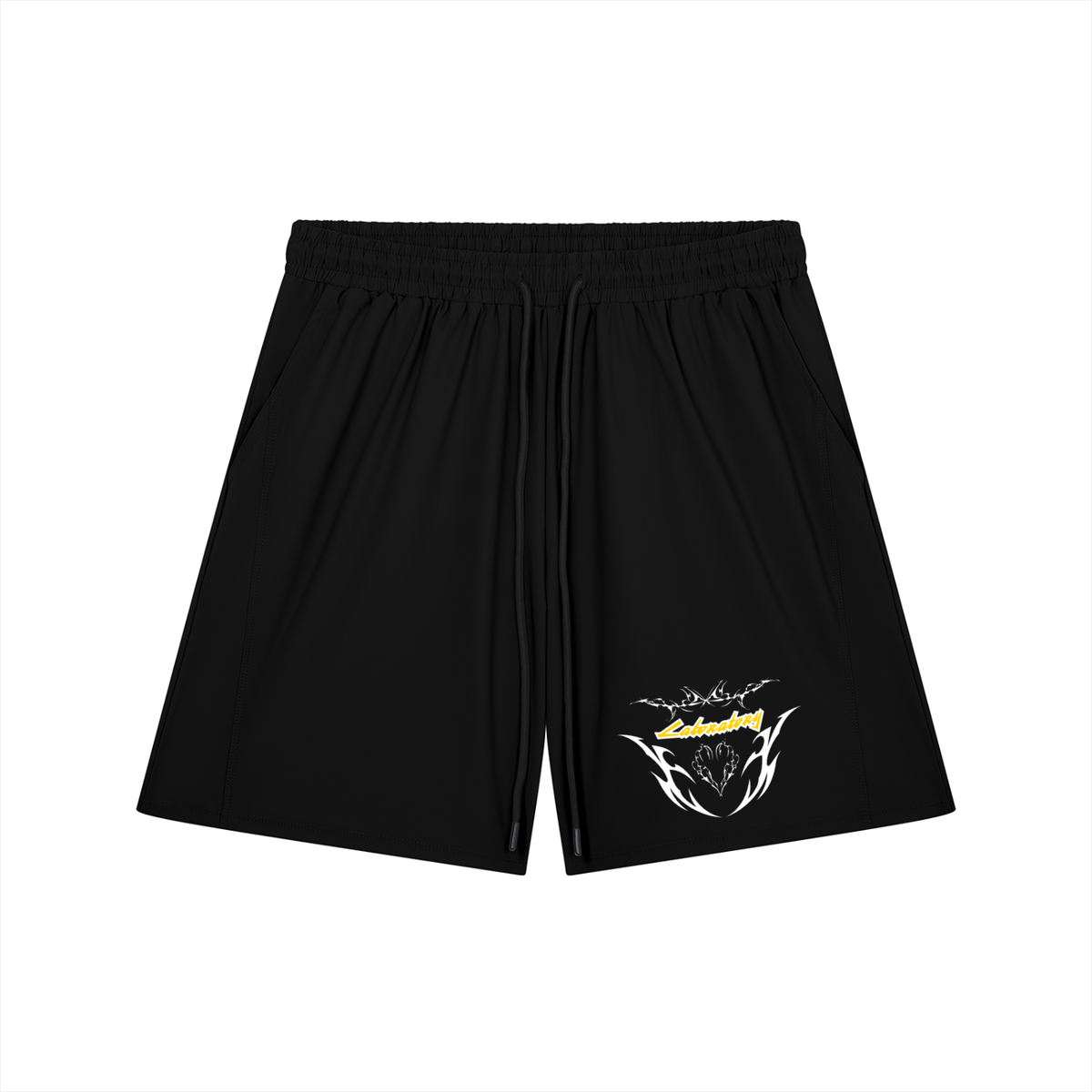 Black athletic shorts with an elastic waistband and a small graphic print on the lower left leg featuring a yellow and white design.