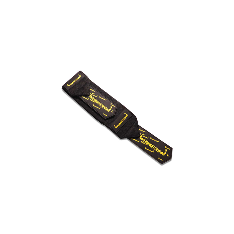 Black strap with yellow text on a white background