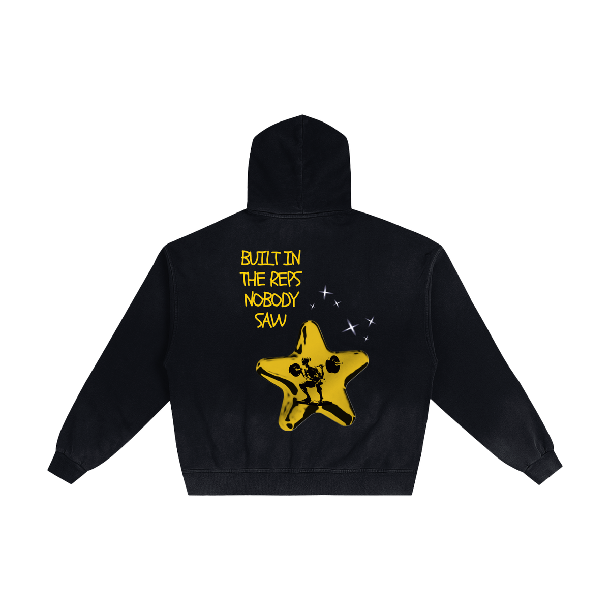 A black cropped hoodie shown from the back, featuring a yellow graphic of a star with a skeleton inside and the text 'BUILT IN THE REFS NOBODY SAW' in yellow.