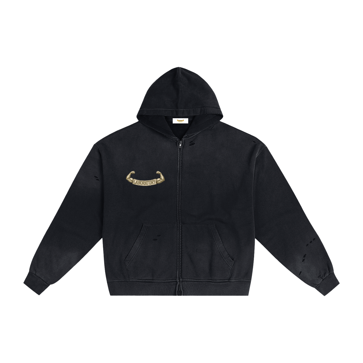 A black distressed zip-up hoodie with a small gold graphic on the left chest, displayed flat against a solid white background.