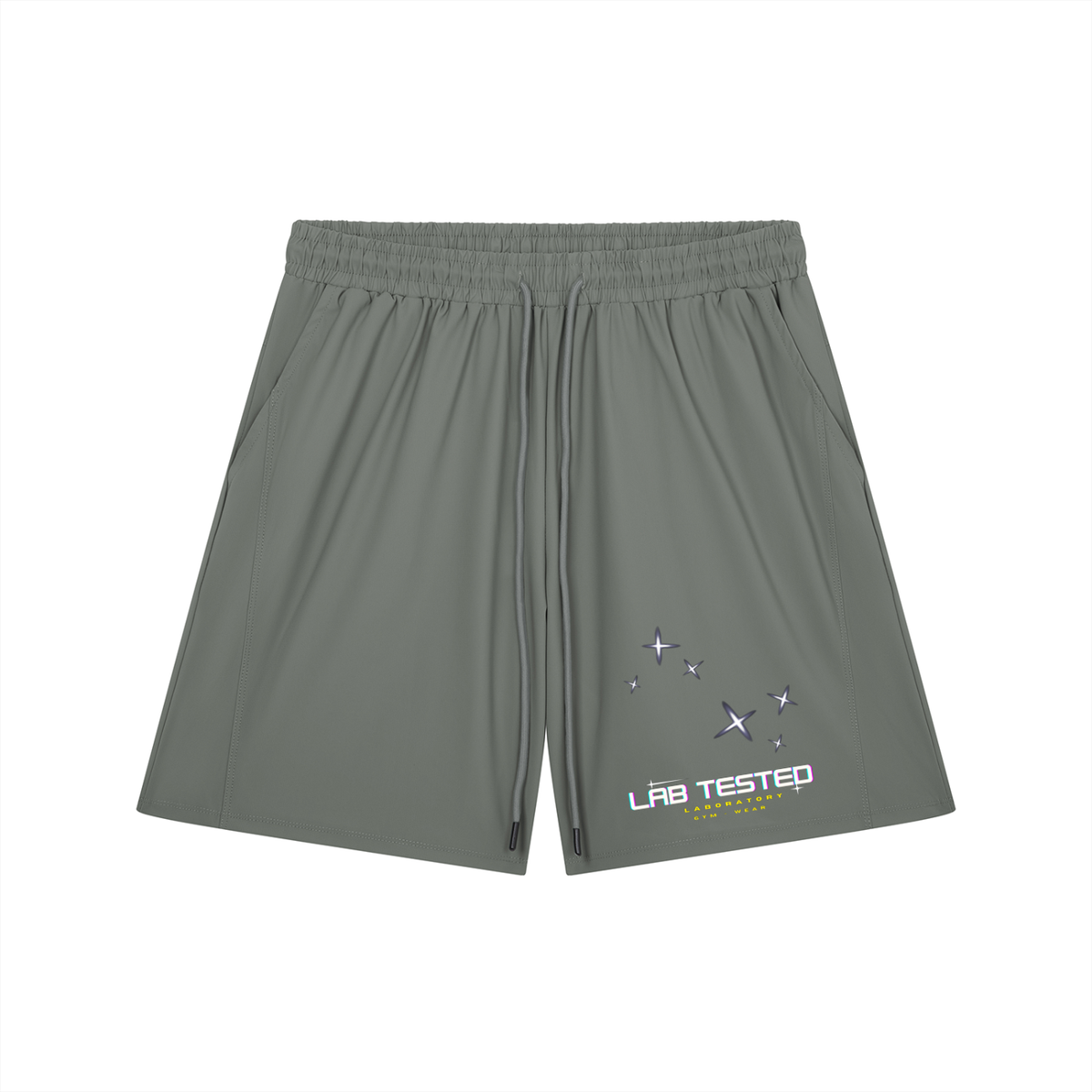 A pair of gray athletic shorts with an elastic waistband and drawstring, featuring a small graphic on the lower left leg with the text 'LAB TESTED' and star illustrations, displayed on a solid white background.