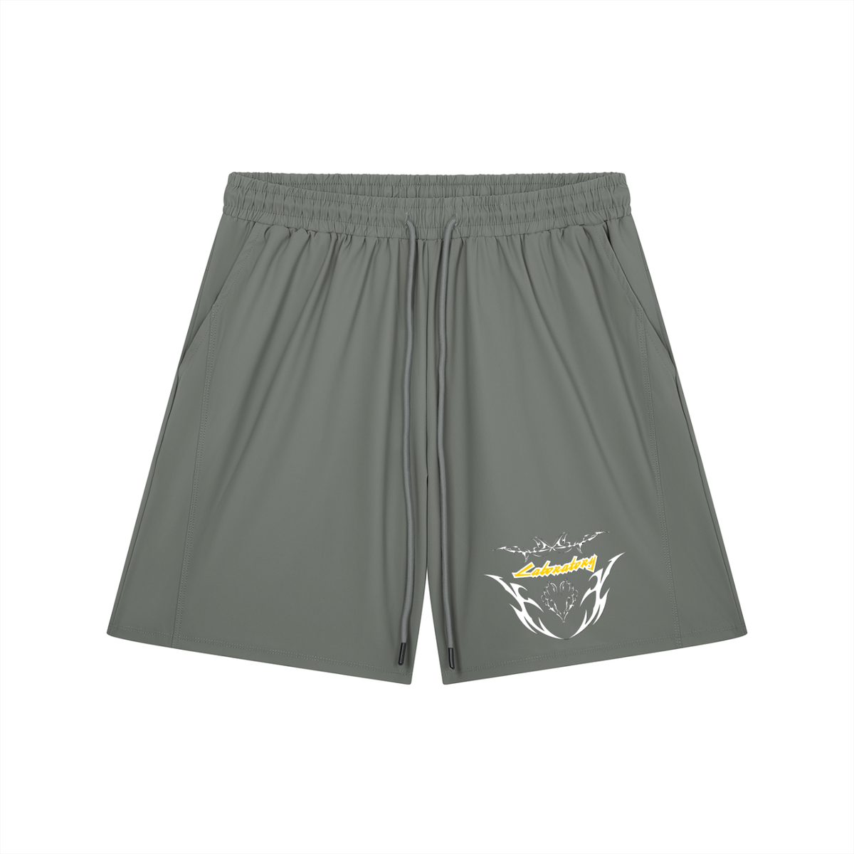 A pair of olive green athletic shorts with an elastic waistband and drawstring, featuring a white and yellow graphic logo on the lower left leg, displayed against a solid white background.