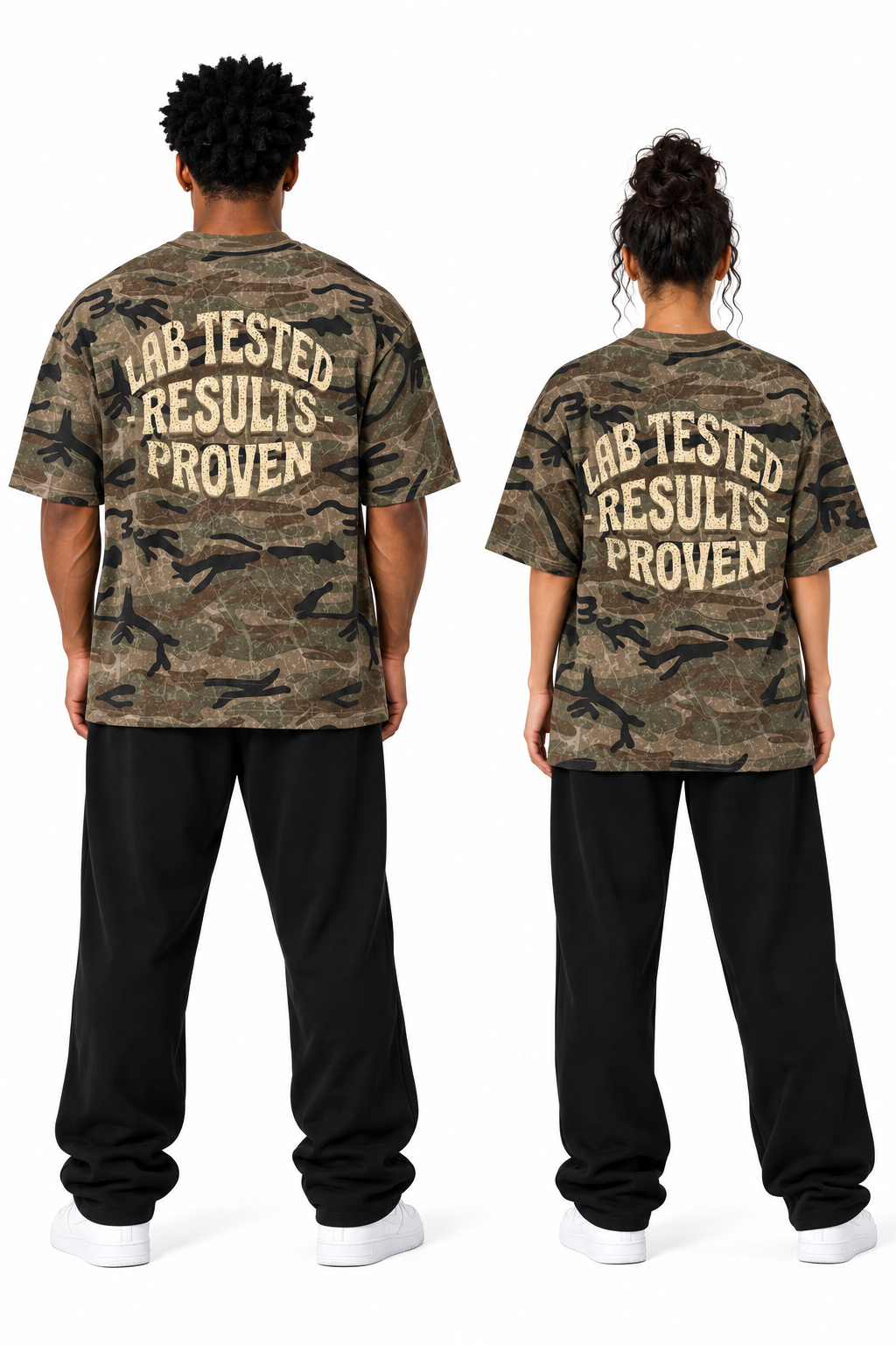 Two models shown from the back wearing matching oversized camouflage T-shirts with the text 'LAB TESTED RESULTS PROVEN' printed in beige across the upper back, paired with black sweatpants and white sneakers on a white studio background.