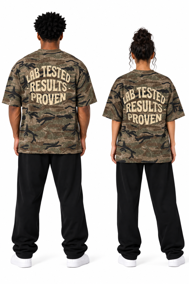 Two models shown from the back wearing matching oversized camouflage T-shirts with the text 'LAB TESTED RESULTS PROVEN' printed in beige across the upper back, paired with black sweatpants and white sneakers on a white studio background.